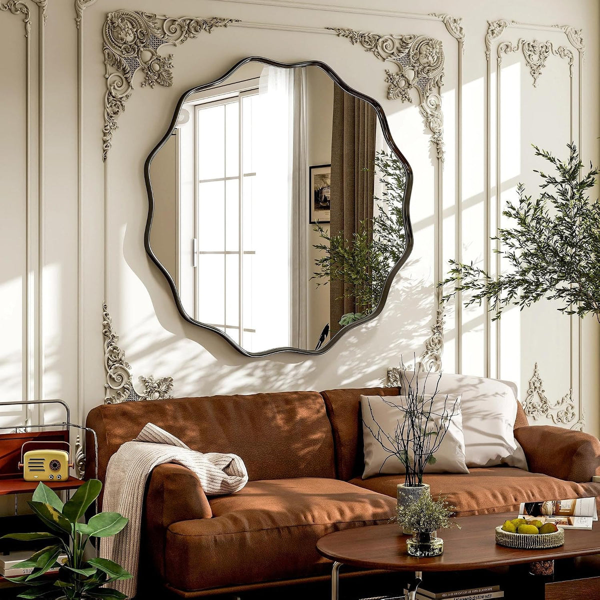 VooBang Black Scalloped Large Circle Mirror, 42" Wavy Round Wall Mirror