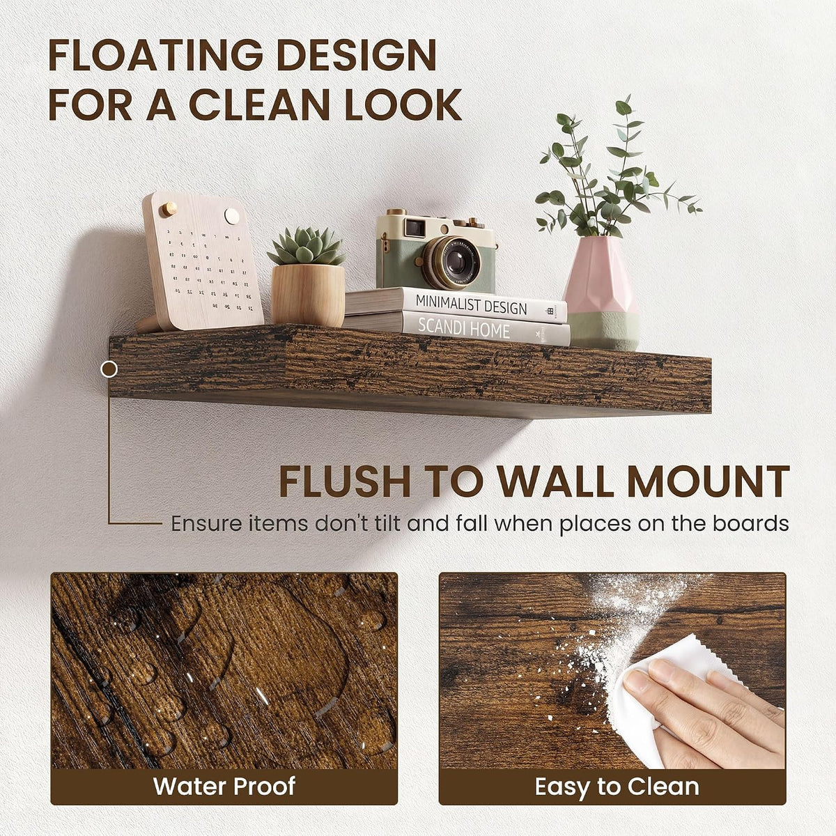Axeman 72Inch Floating Shelves for Wall 2 Pack Shelves for Kitchen Bathroom Bedroom, Wooden Shelves with Invisible Brackets, Wall Mounted Rustic Wood Floating Shelf for Decor Books Storage, Brown