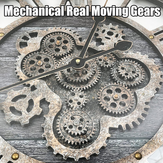 24" Large Wall Clock with Moving Gears,Oversize Vintage Industrial Rustic Farmhouse Clocks for Living Room Decor Office Home,Solid Wood HD Tempered Glass Cover,Carbon Grey