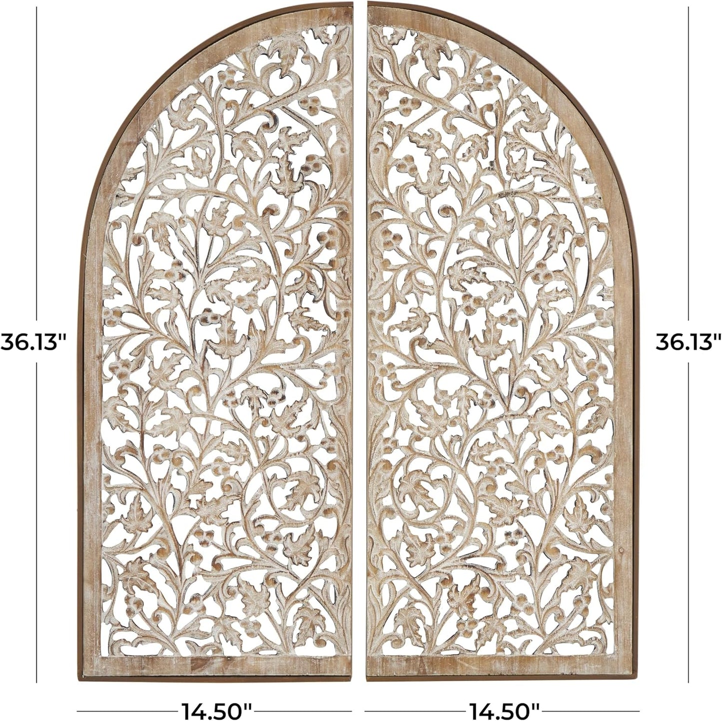 Deco 79 Wooden Floral Handmade Home Wall Decor Arched Wall Sculpture with Intricate Carvings, Set of 2 Wall Art 15"W, 36"H, Brown
