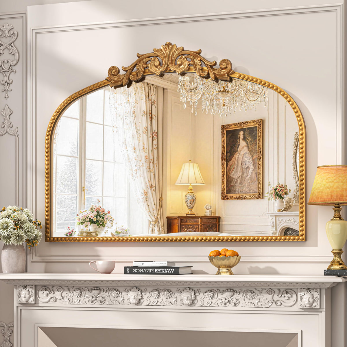 Vintage Gold Baroque Arched Metal Wall Mirror 48"x30"