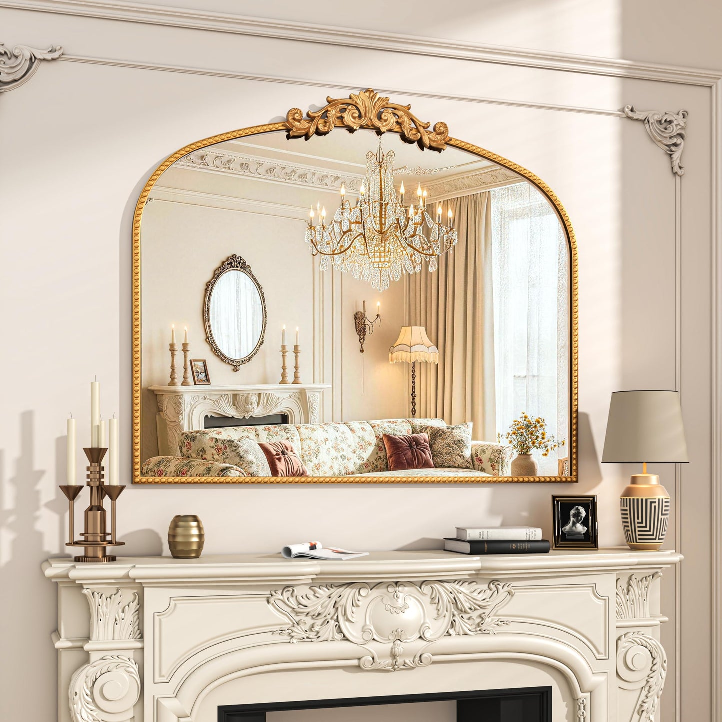 Vintage Gold Baroque Arched Metal Wall Mirror 48"x30"