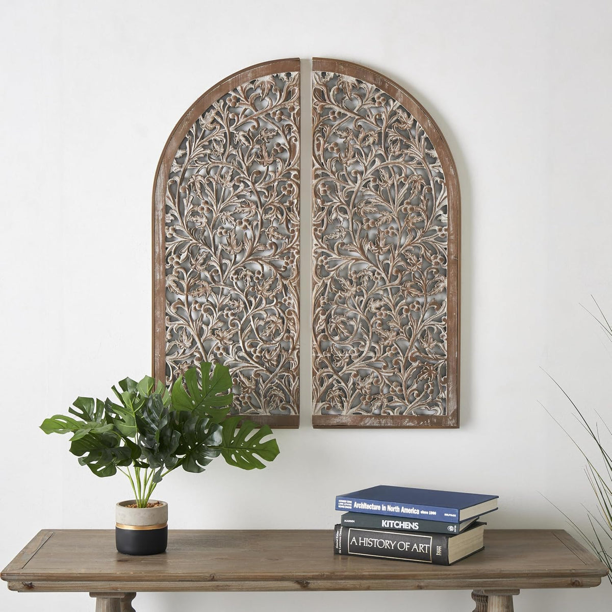 Deco 79 Wooden Floral Handmade Home Wall Decor Arched Wall Sculpture with Intricate Carvings, Set of 2 Wall Art 15"W, 36"H, Brown