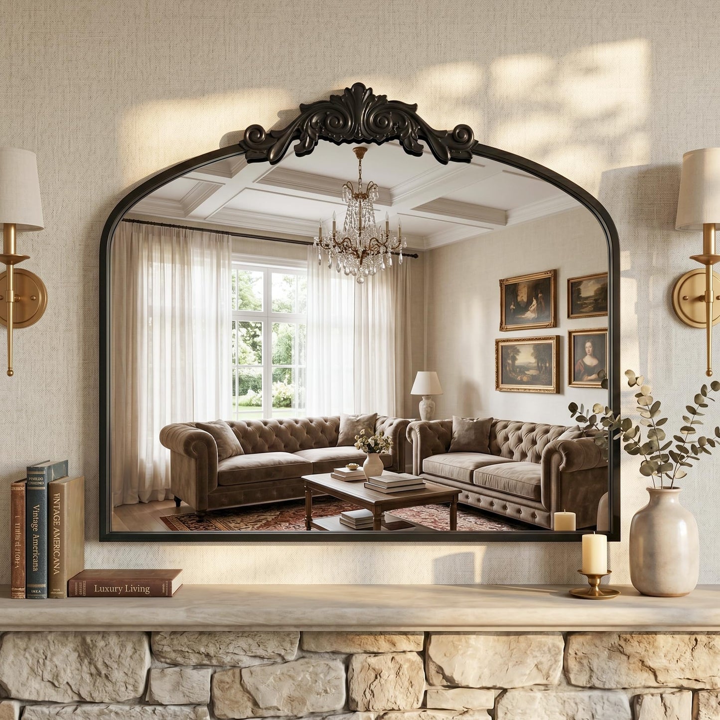 Vintage Bronze Arched Wall Mirror, 30"x36" Antique Metal Frame
