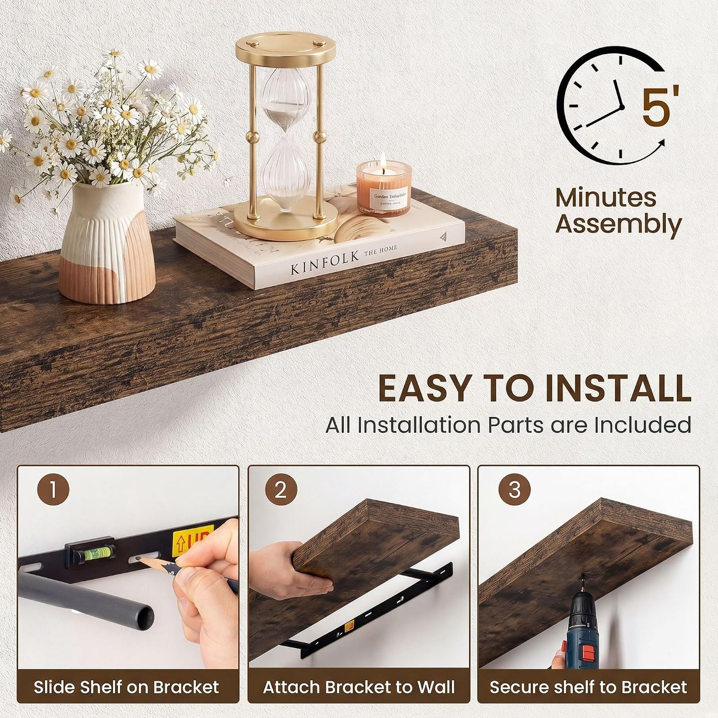 Axeman 72Inch Floating Shelves for Wall 2 Pack Shelves for Kitchen Bathroom Bedroom, Wooden Shelves with Invisible Brackets, Wall Mounted Rustic Wood Floating Shelf for Decor Books Storage, Brown