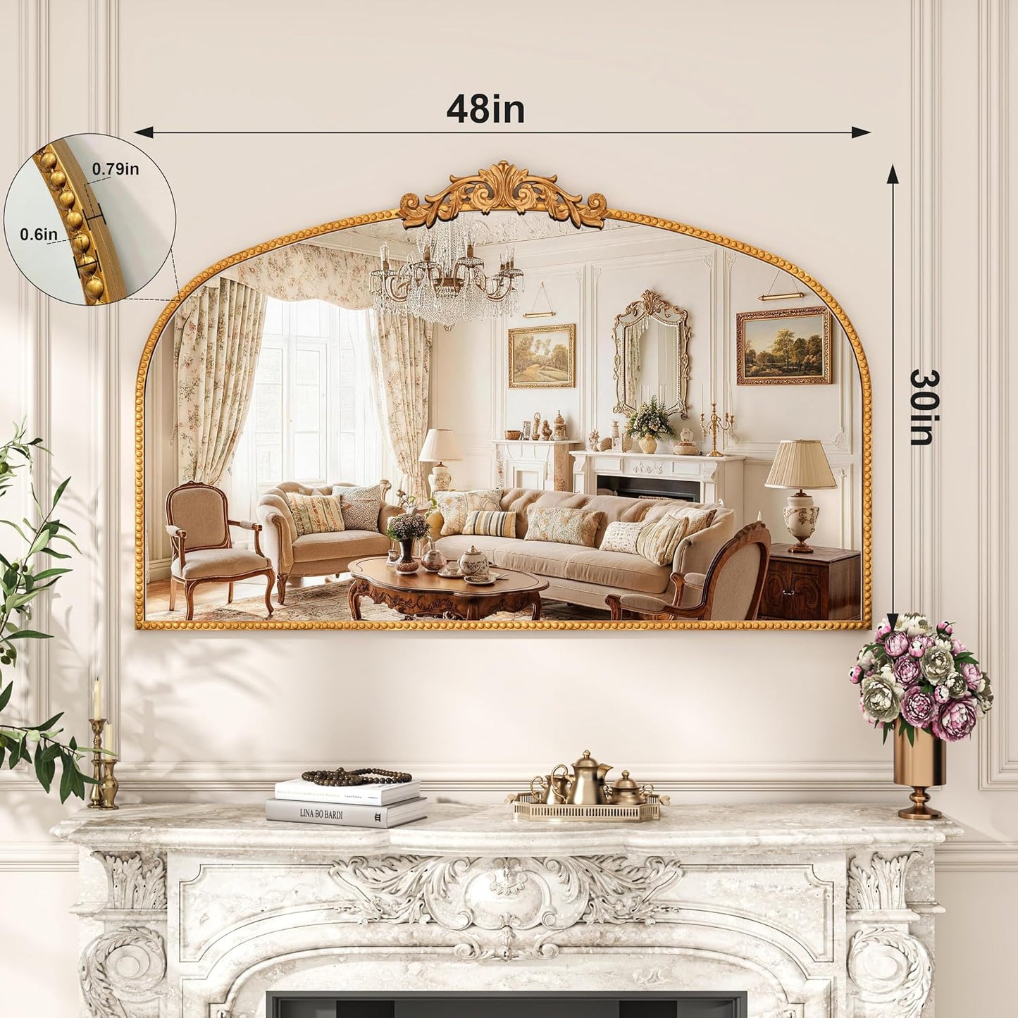 Vintage Gold Baroque Arched Metal Wall Mirror 48"x30"