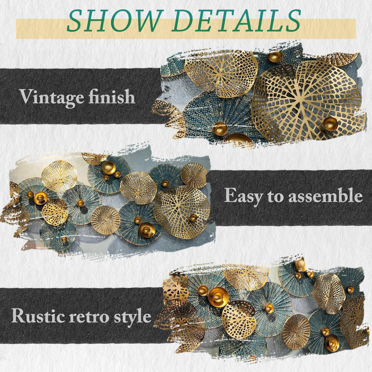 edaknez Large Metal Wall Art, 50"x26" Metal Lotus Leaf Flower Wall Decor