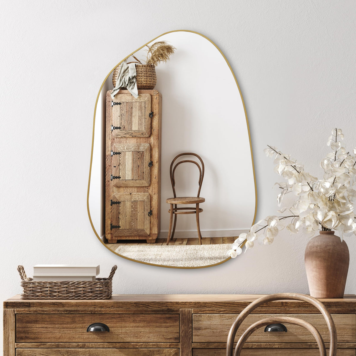 PERFNIQUE Irregular Asymmetrical Wall Mirror, 32"x24" Gold Bathroom Mirror