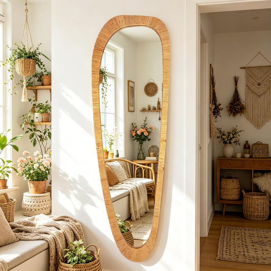 BAODANFU Irregular Natural Rattan Mirror, 18×53 Inch Full Length Wall Mirror, 4-Way Handwoven Decorative Asymmetrical Mirrors, Boho Rustic Decor for Entryway Bedroom Living Room Home