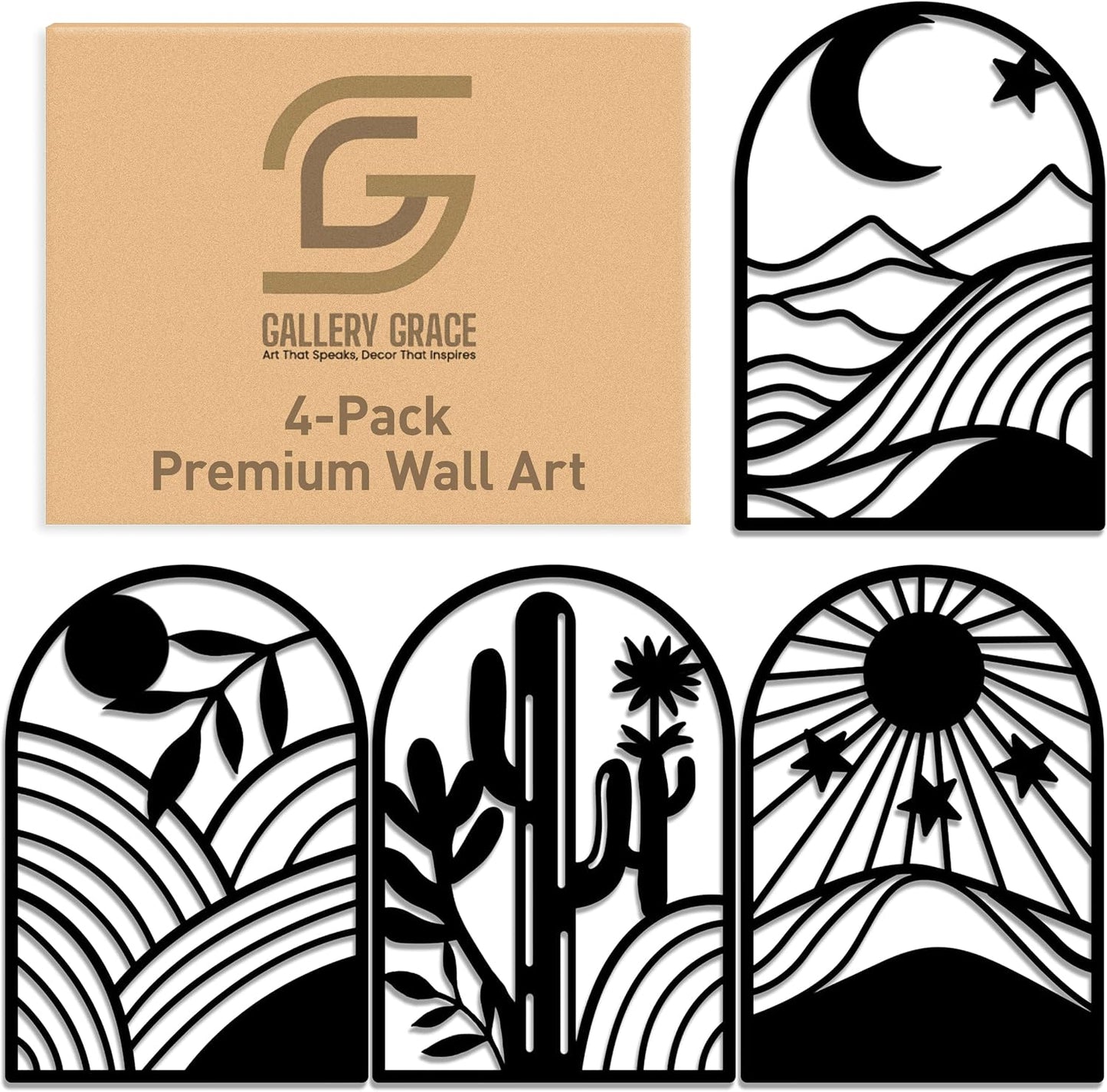 GALLERY GRACE Metal Wall Art Decor – 11" x 16", 4Pc Single Line Abstract Wall Art for Living Room, Bedroom, Office – Boho Minimalist Black Wall Decor Featuring Sun, Moon, Landscape & Desert Panels