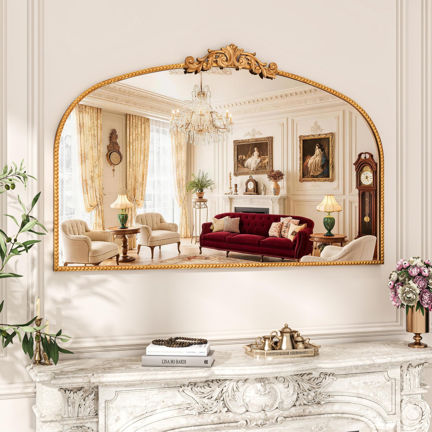 Vintage Gold Baroque Arched Metal Wall Mirror 48"x30"